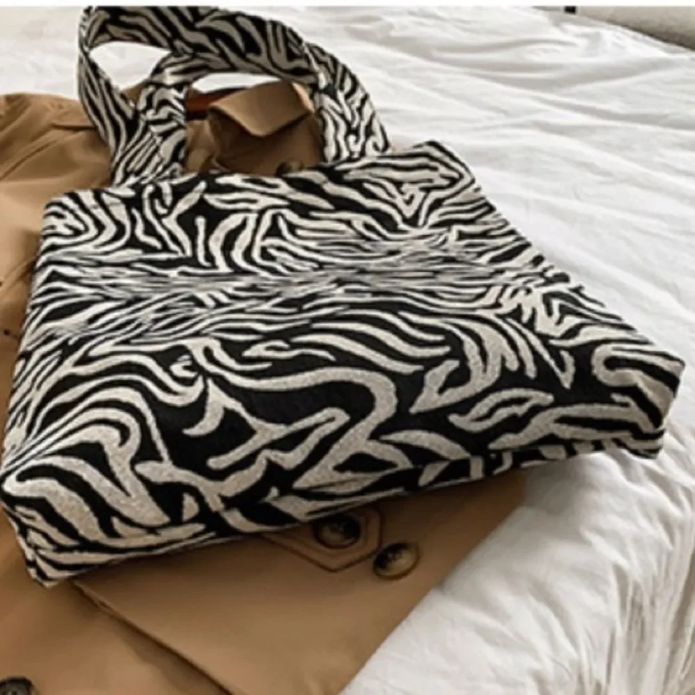 Large Zebra Tote Bag Black White Commuter Travel Minimalist Chic Fabric